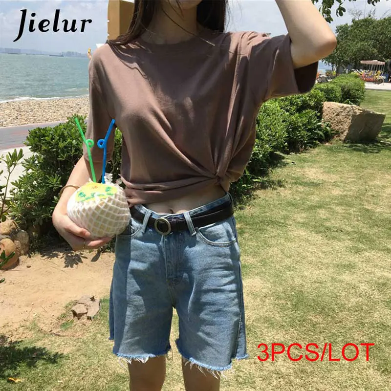 Coffee Jielur 3 шт./лот футболки Женский 15 цветов основные Повседневное с О-образным вырезом Женская Футболка harajuku летний топ короткий рукав белая футболка S-XL - Цвет: Coffee