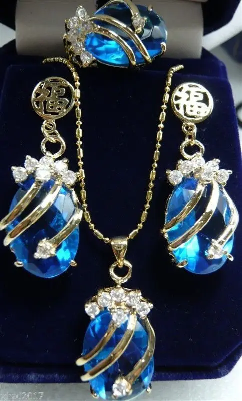 

Charming Inlay sapphire Crystal Pendants Necklace Earring ring Set Plated gold Bridal wide watch wings queen JEWE