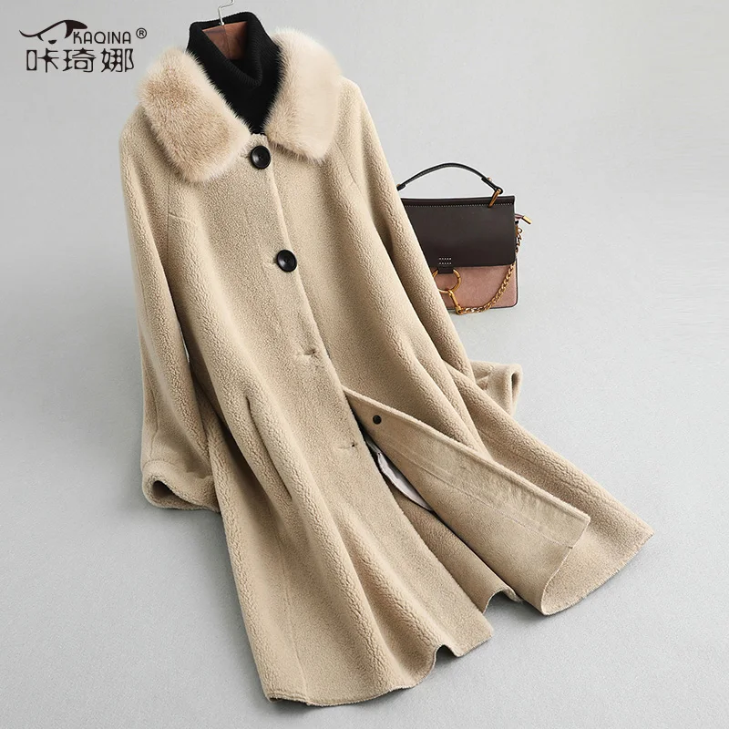 creamy camel AYUNSUE пальто из натурального меха Женская норковая шуба воротник шерсть пальто зимняя куртка женская одежда мех ягненка корейские куртки MY3500 - Цвет: creamy camel