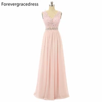 forevergracedress real pics lace pink colour bridesmaid dress v neck chiffon long wedding party gown plus size custom made