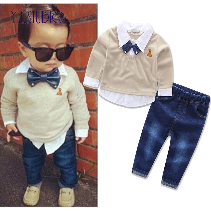 

2PCS Fashion Boy's Clothes Set Long Sleeve 2-in-1 Pullover with Neck Tie + Denim Pant Autumn Spring Kids Boys Clothing Set