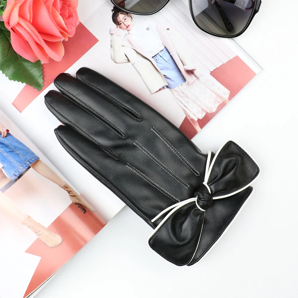 Short Gloves For Women Fashion White Border Bow PU Leather Black Female Winter Warm Velvet Touchscreen | Аксессуары для одежды
