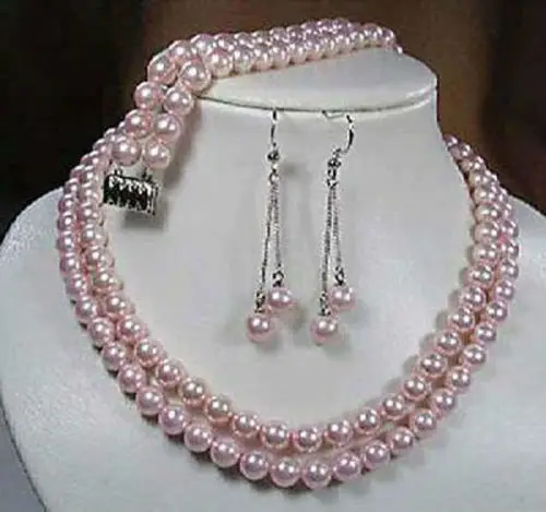 

New Women Fashion 2 Rows 8mm Pink South Sea Shell Pearl Necklace Bacelet Earrings Set AAA Grade Wholesale And Retail
