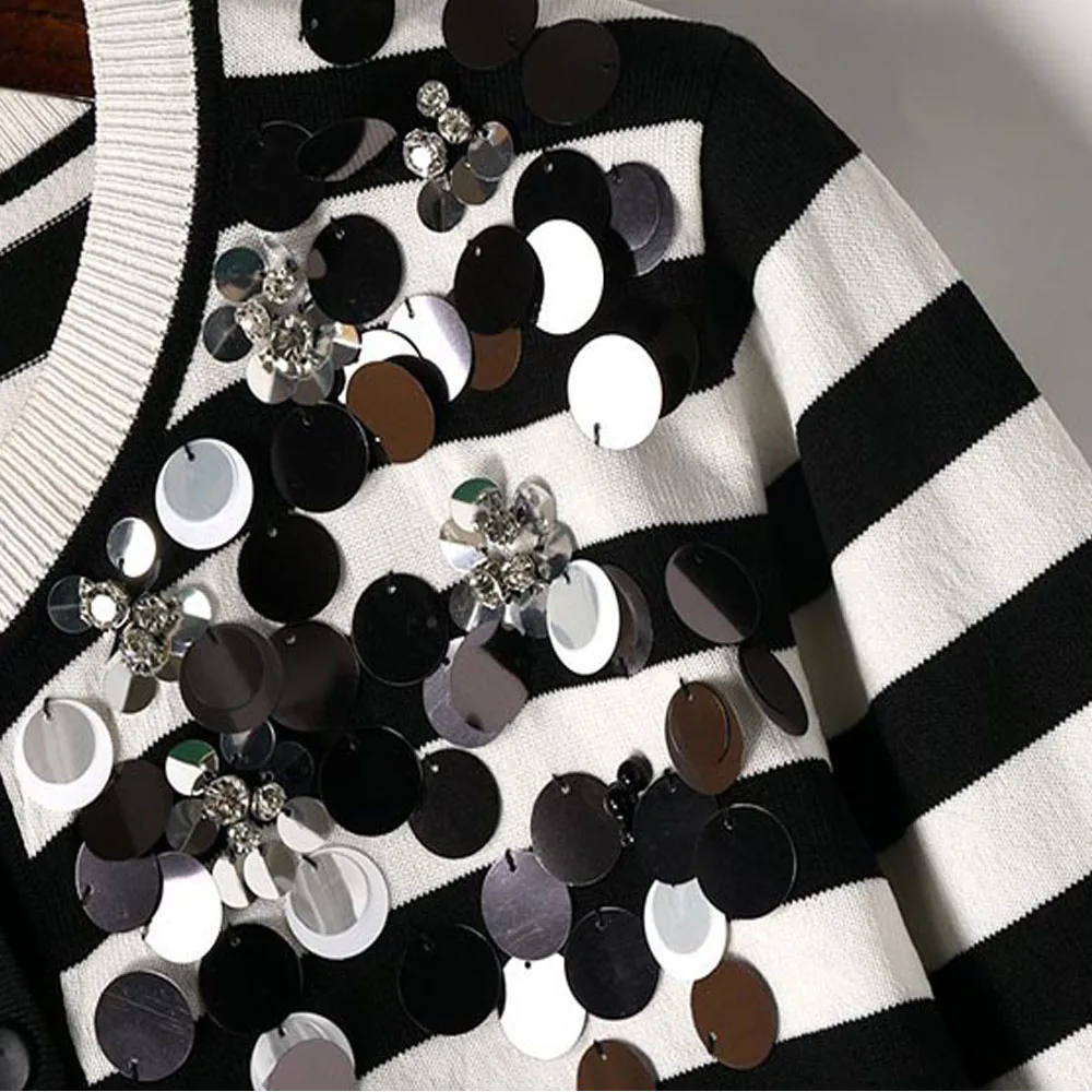 2018 Spring Autumn New Fashion Cardigan Sweaters For Women Luxury Shining Sequins Diamonds Striped Long Sleeve Knit Tops SY1598 |
