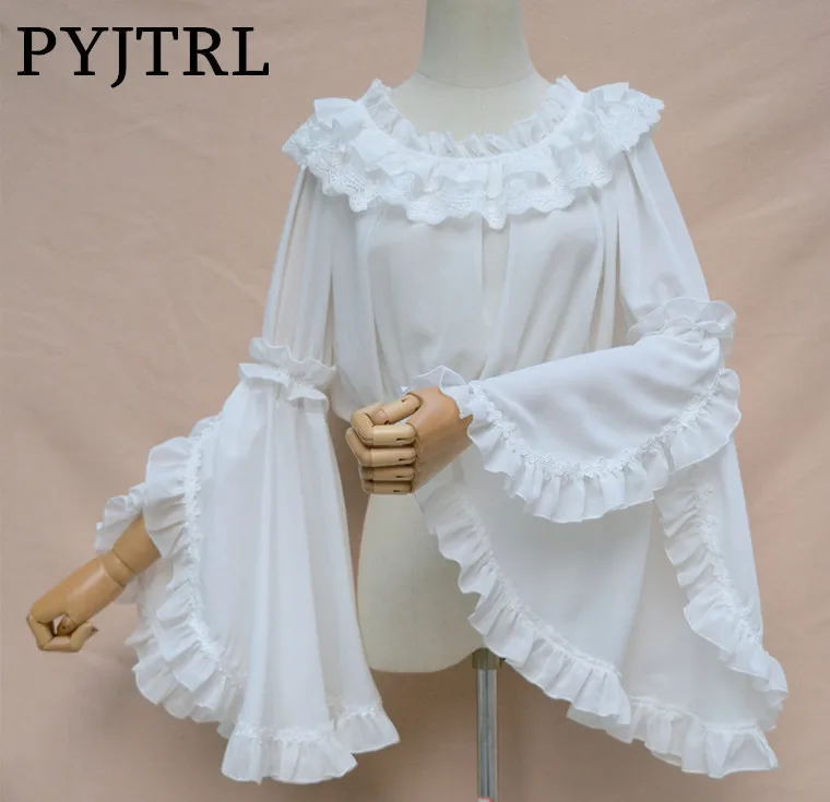 PYJTRL сладкий Лолита длинный расклешенный рукав шифоновый топ Blusas одно слово воротник кружево Белый кимоно рубашка блузка для женщин