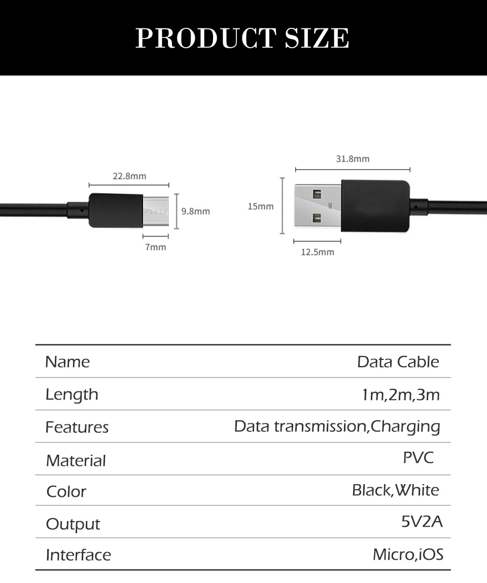 5V2A Micro iOS usb кабель 1 м 2 м 3 м кабели для быстрой зарядки мобильного телефона Android зарядное устройство кабель для передачи данных черный и белый