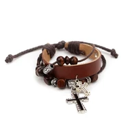 genuine leather cross bracelet for women vintage mutil layers wood beads bracelet men christian prayer jewelry party friend gift