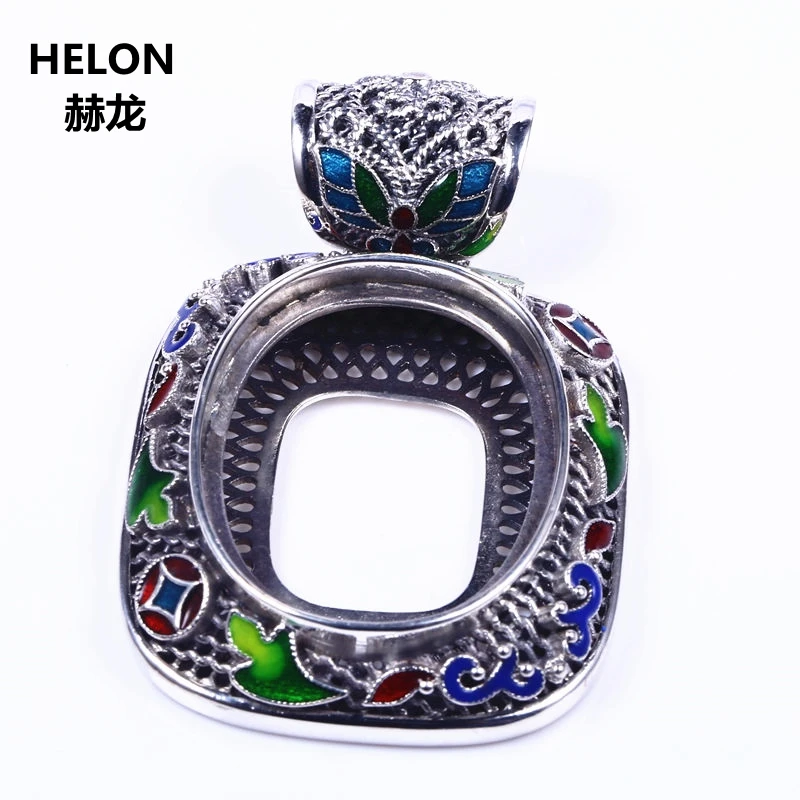 Винтажная полуподвесная подвеска с эмалью Cloisonne серебристая полукреплением