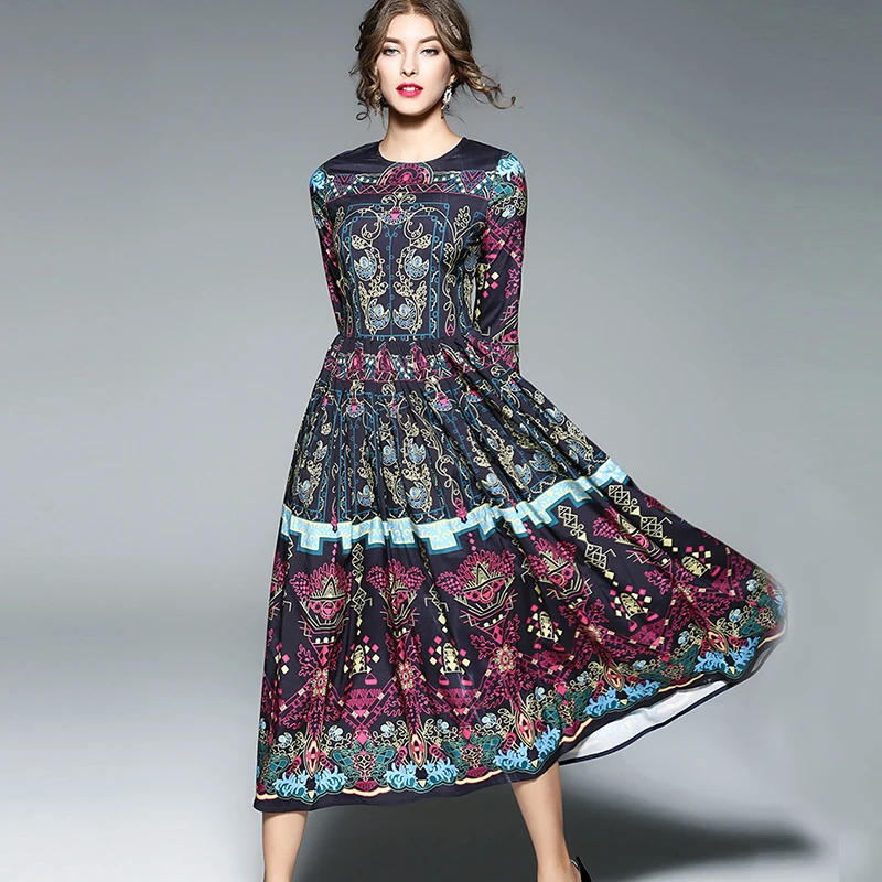 Осень 2017 женское винтажное платье с принтом высокое качество круглый ворот