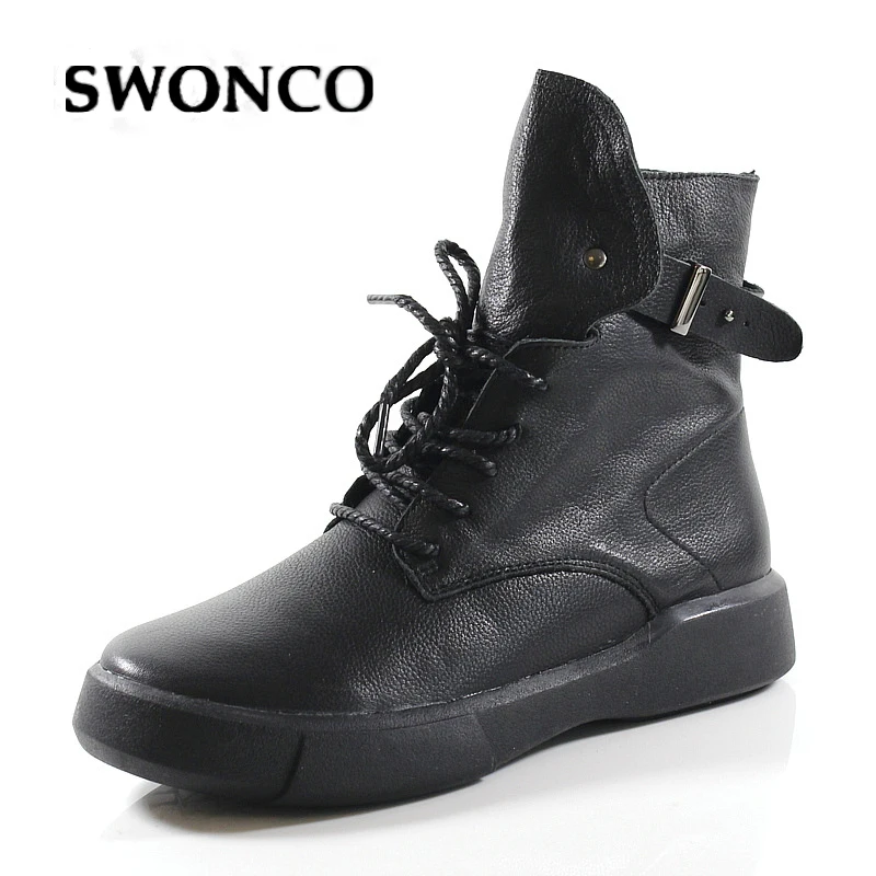 

SWONCO Women Shoes Platform Sneakers Black Ankle Martin Boots Belt Buckle Punk 2019 Autumn Female Shoes Ankle Boots Leather Shoe