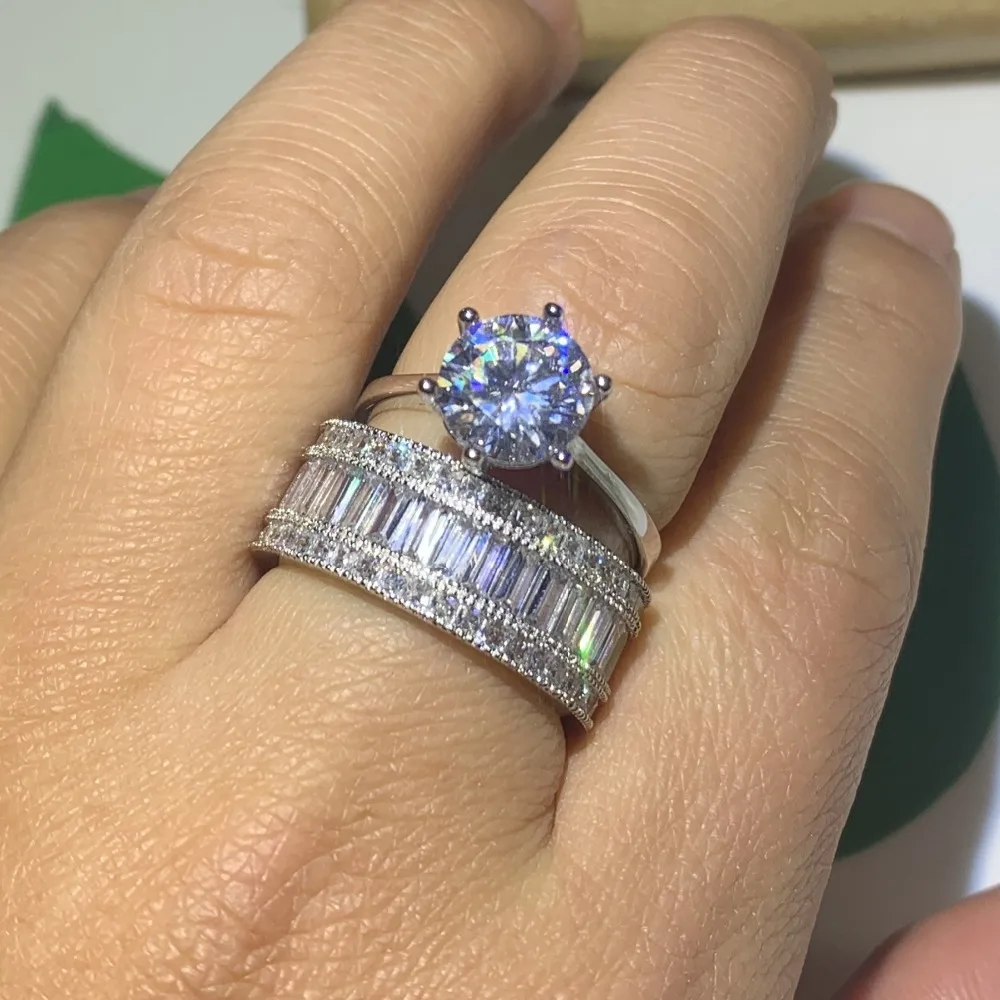 

Choucong US Size 5-10 Luxury Jewelry 925 Silver&White Gold Fill Round Cut AAAAA Cubic Zirconia Promise Wedding Bridal Ring Set