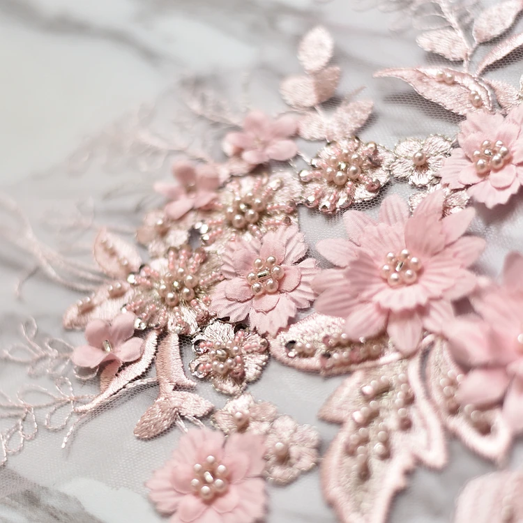 Parche bordado de flores con cuentas rosas, apliques de tela de encaje, costura, vestido de novia, velo, artesanía, accesorios de ropa, decoración