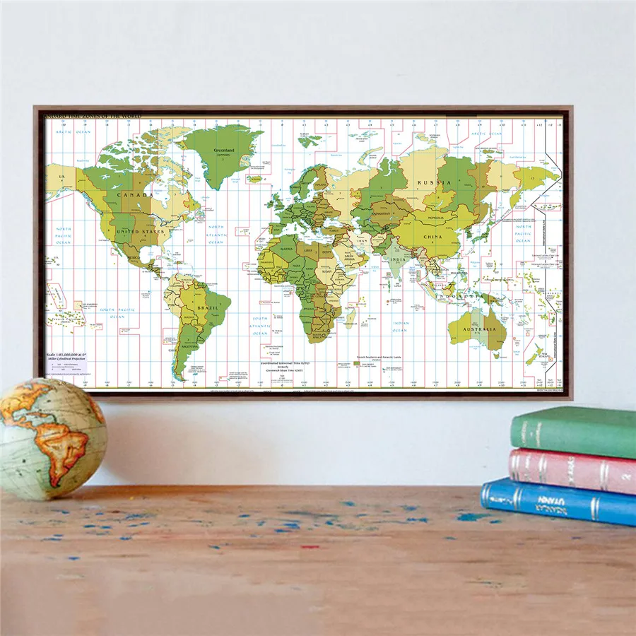 Большая детальная карта временных зон мира холст Ретро Декор для дома гостиной