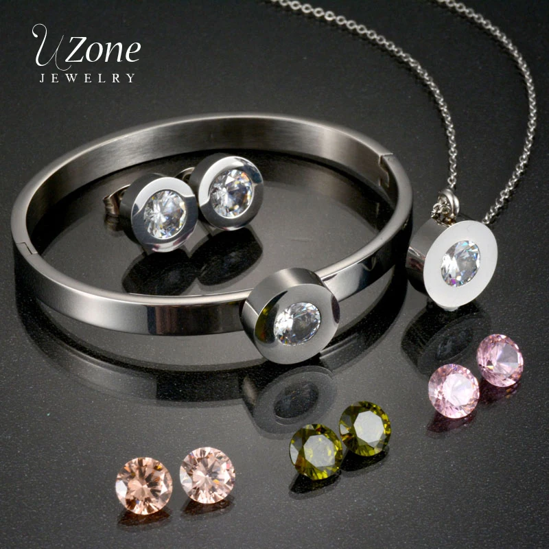 Ювелирные изделия из нержавеющей стали с фианитами 4 цвета|stainless steel jewelry set|zircon