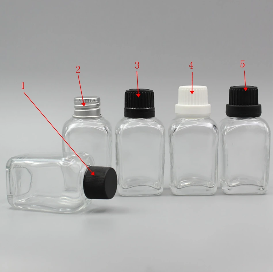 Square Shape Clear Glass Bottle with Caps and Inner Stopper, Oil Bottle 30 ml