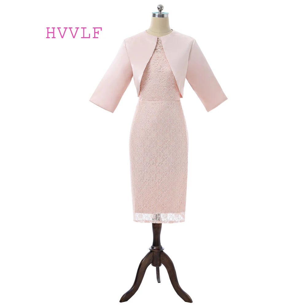 

Pink Mother Of The Bride Dresses Sheath Knee Length With Jacket Lace Groom Formal Plus Size Mother Dresses For Wedding