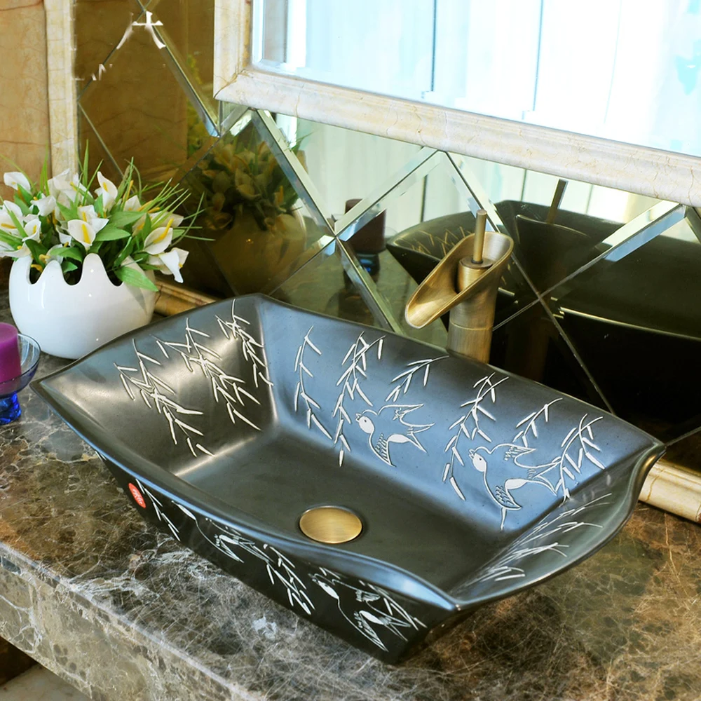 Умывальник керамический художественный прямоугольный над прилавок для раковины