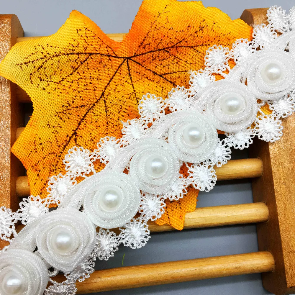 2 ярда ресниц с цветами роз и жемчугом кружевной отделкой ленты ткань вышитая