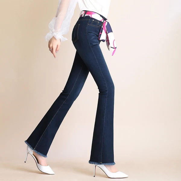 

High quality ladies high waist flare jeans Fashion woman Chinese style wide-leg pants Send ribbon Four seasons denim trousers