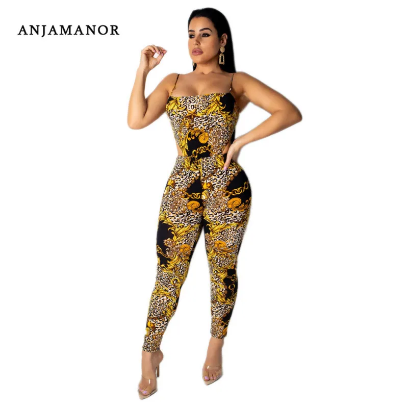 ANJAMANOR цепи Леопардовый Bodycon Сексуальная комбинезон Клубная одежда летняя для Для