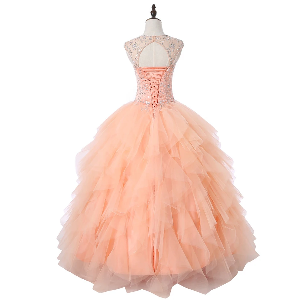 Персиковые Дешевые Бальные платья Quinceanera бальное платье милое Тюлевое с рукавами