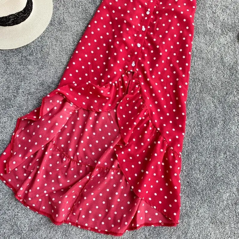 Women Bohemian Polka Dot Ruffles Chiffon Two Piece Set Petal Sleeve 2019 Summer Outfits Crop Tops And Long Skirt Red Suit | Женская