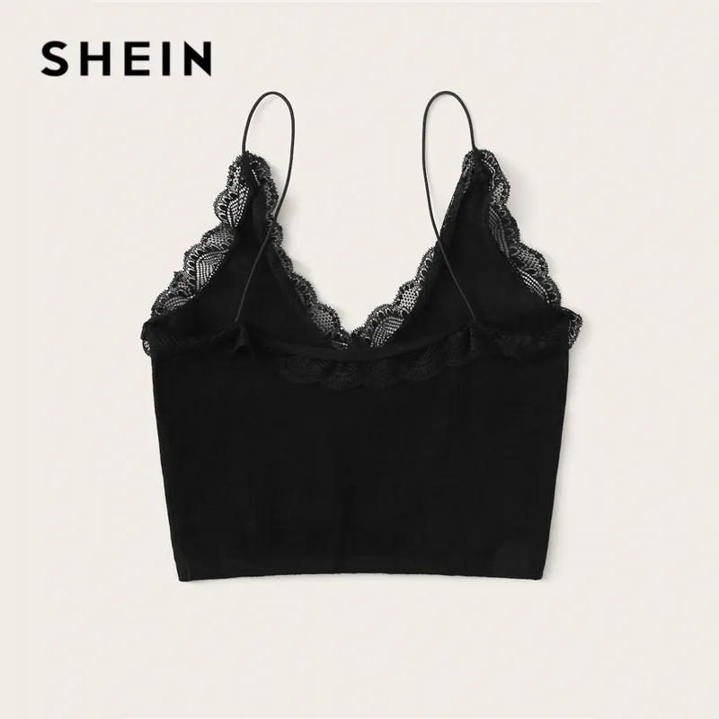 SHEIN черный топ на бретельках с v-образным вырезом и кружевной отделкой, женская уличная одежда на бретельках, v-образный вырез, однотонный облегающий сексуальный топ, женские летние топы