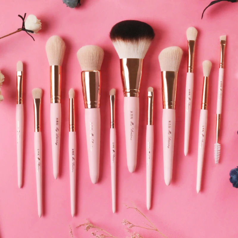 12pcs/Set Pink Make up brushes Set Whole Powder brush Foundation contouring highlight Eye shadow detail with cosmetic bag | Красота и