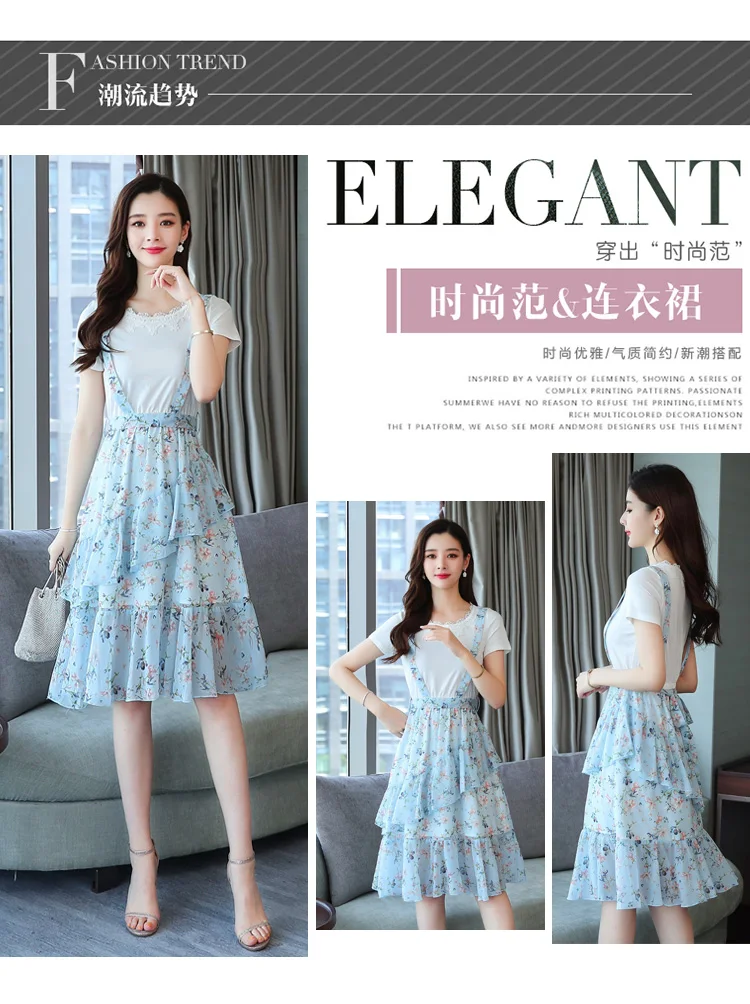 Femal Vintage Elegant Blue Chiffon Boho Midi Dresses Summer Plus Size Fake Two Piece Sundress Women Bodycon Party Vestidos