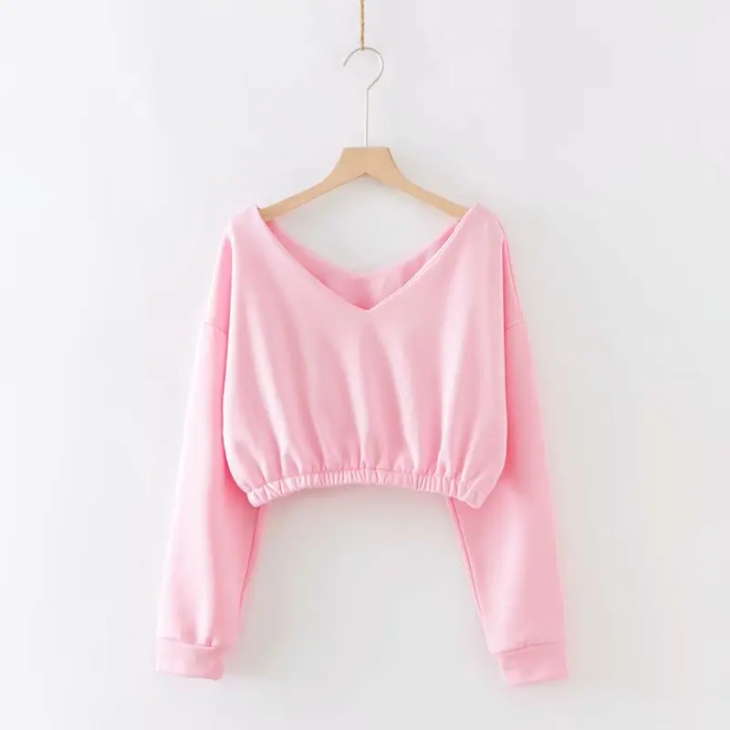 Глубокий V Neck Crop кофты Для женщин красный с длинным рукавом Sexy толстовки каваи