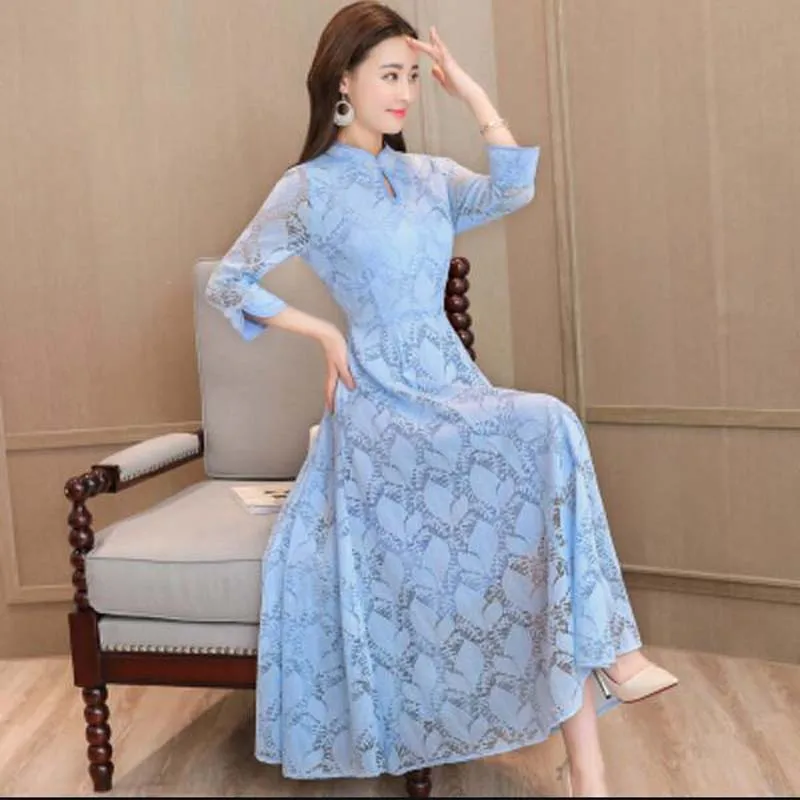 Летнее платье женское винтажное элегантное тонкое кружевное длинное высокого