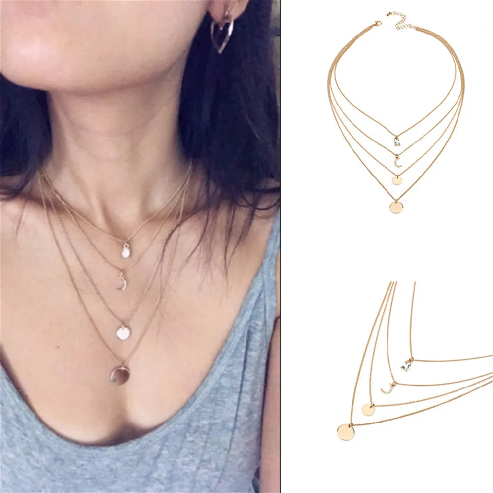 

Fashion Four layer Moon Round Wafer Pendants Summer Girls Woman Clavicular Chain Short Necklace Jewelry Holiday-YY