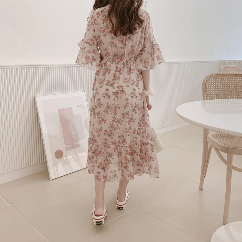 Женское шифоновое платье с цветочным принтом длинное ТРАПЕЦИЕВИДНОЕ ПЛАТЬЕ