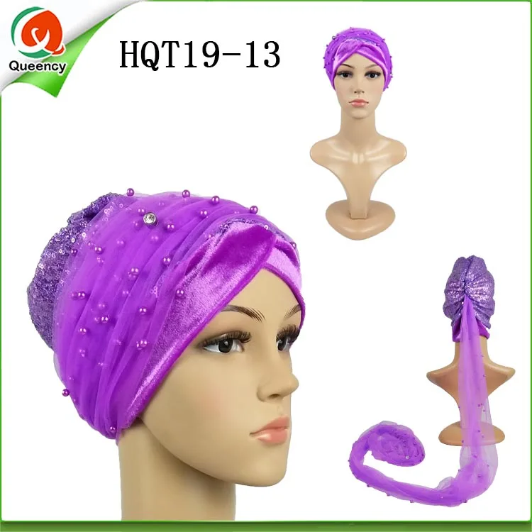 HQT19 разноцветный Африканский вельветовый тюрбан с бусинами и пайетками сетчатый