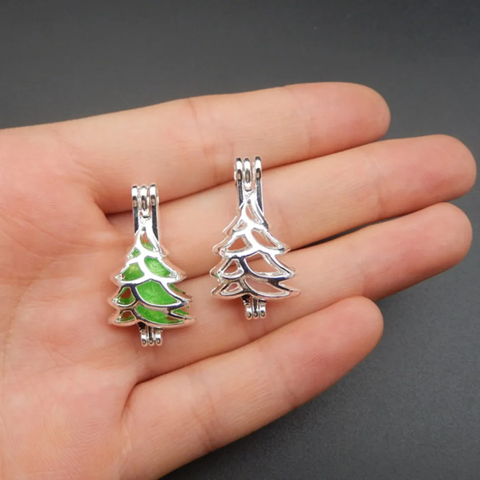

10pcs Bright Silver Hollow Christmas Tree Jewelry Making Supplies Pearl Beads Cage Pendant Essential Oil Diffuser Trendy Locket