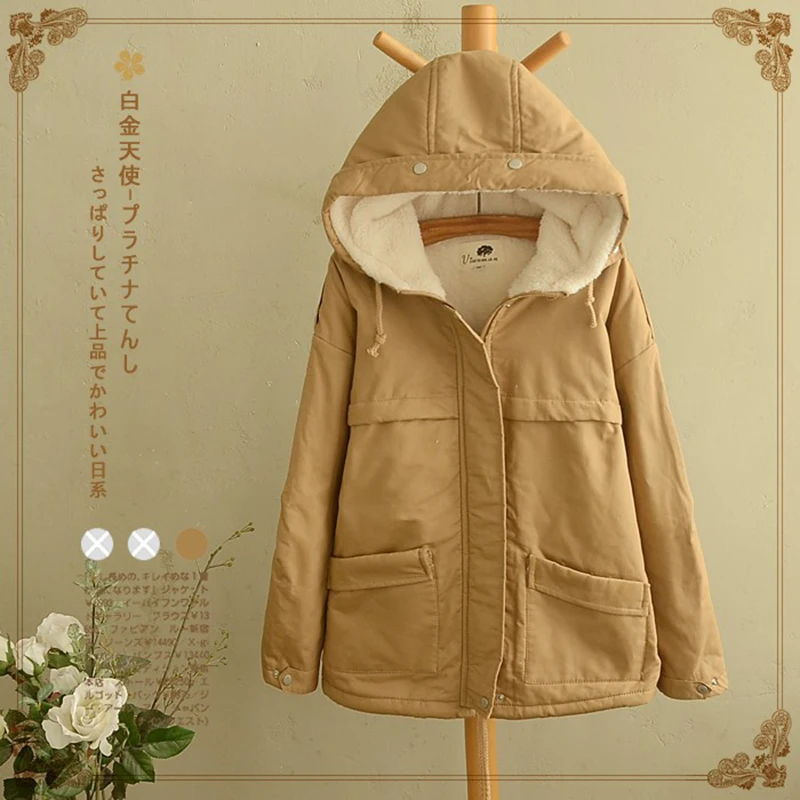 

Autumn Winter Simple Warm Fleece Hooded Coat Women Casual Long Sleeve Pocket Slim Cotton Padded Blends Ladies Clothes T590
