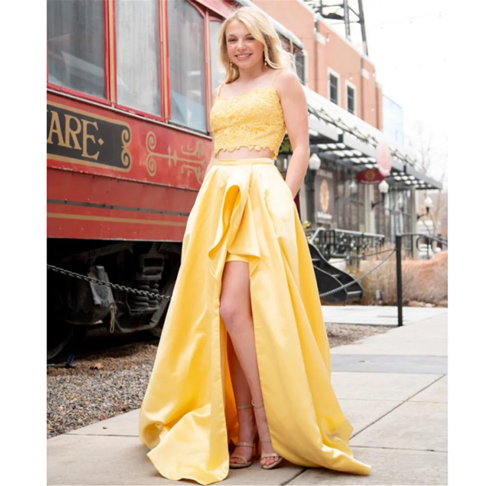 

HONGFUYU Long Two Piece Lace Satin Prom Dresses with Slit Sleeveless Formal Evening Gowns for Women Robe De Soiree Double Straps