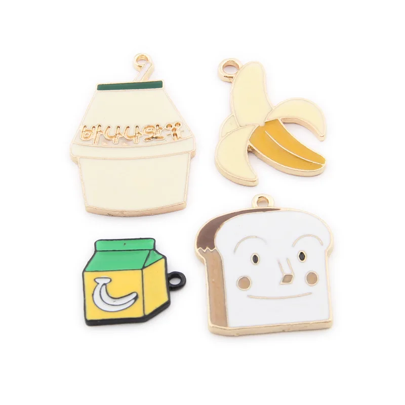 

Free Shipping 40pcs/Lot Banana Milk Bread Milk Bottle Alloy Charms DIY Jewelry Findings Gold Tone Plated Enamel Metal Pendants