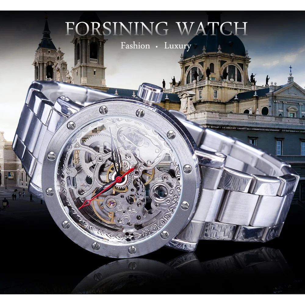 Forsining Fashion Silver Skeleton Wristwatch Black Red Pointer Stainless Steel Belt Waterproof Automatic Watches for Men | Наручные часы