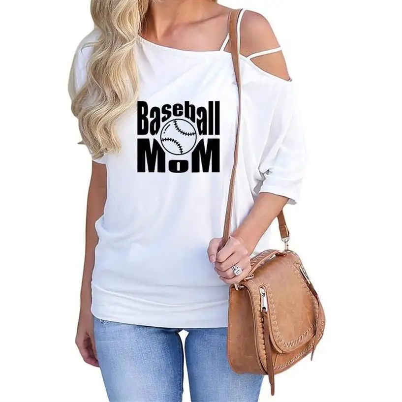 

New Fashion Baseball Mom Letters Print T-Shirt For Women Slanted Shoulder Sleeve Plus Size Tops Tshirt Cotton Tumblr Cropped