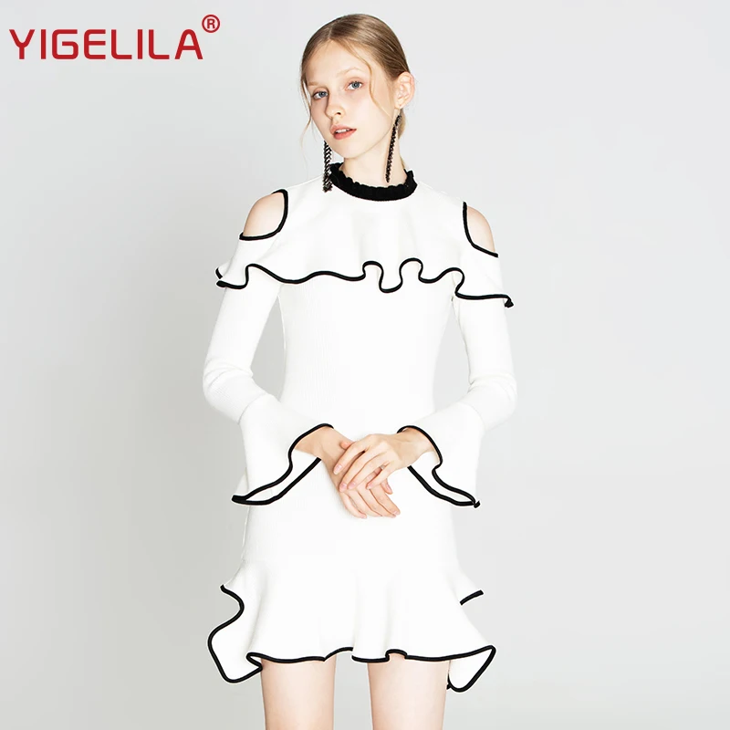 YIGELILA модное женское белое трикотажное платье осеннее элегантное с круглым