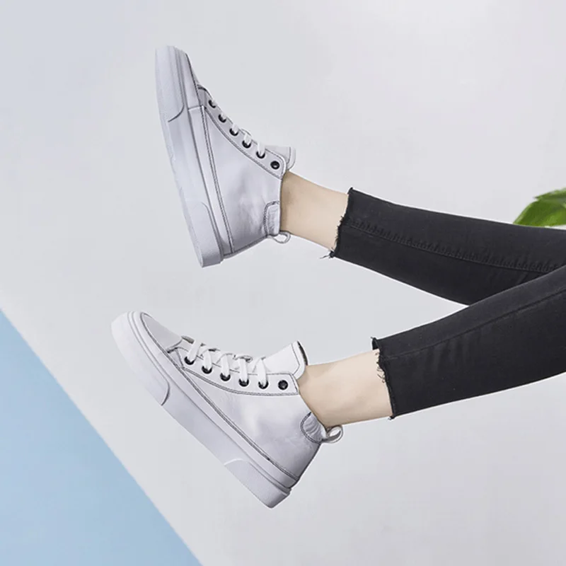 Высокие кроссовки женская обувь из натуральной кожи повседневная на плоской