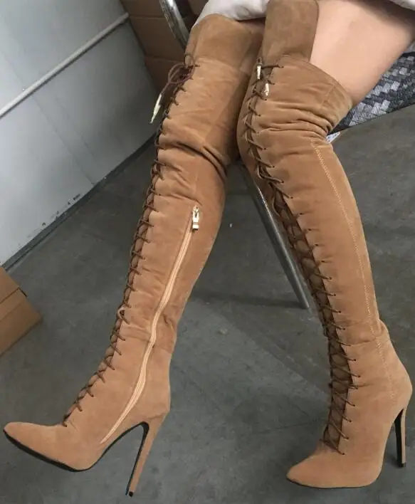Khaki Г. Большие размеры 36-47, черные, серые, хаки, винно-красные, на молнии, на шнуровке, пикантные, на высоком каблуке, выше колена, осенние женские ботинки X1787 - Цвет: Khaki