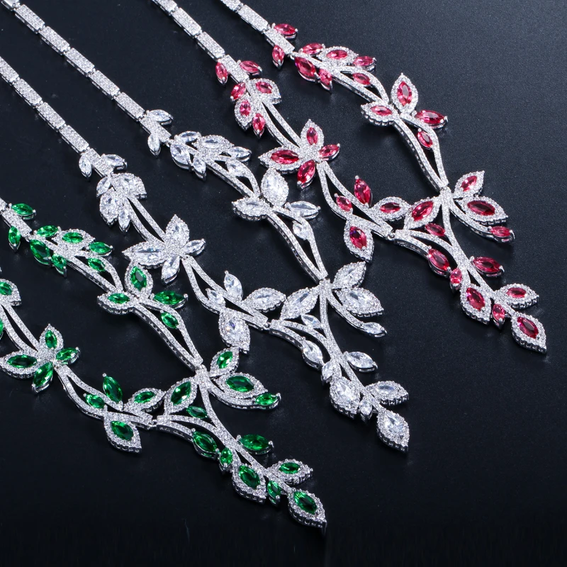 Женский комплект из колье и серёг с зеленым фианитом|jewelry sets for women|wedding jewelry setsbridal