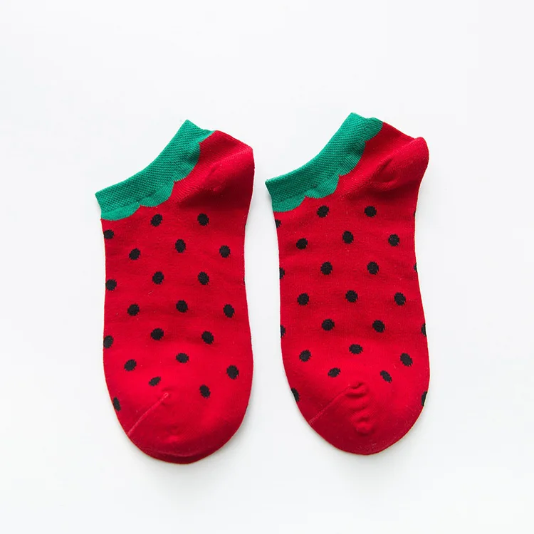 Strawberry dots Для женщин мультфильм носки до лодыжки обезьяна банан морковь, клубника точка полоса пчелы куриных яиц смешной счастливый хлопок расчесывать Femmes Meia носки - Цвет: Strawberry dots
