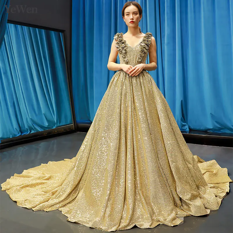 Роскошное Золотое вечернее платье Длинные вечерние платья ТРАПЕЦИЕВИДНОЕ