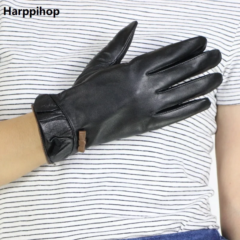 Перчатки из натуральной кожи для женщин, зимние теплые черные классические перчатки из овчины с сенсорным экраном, модные варежки, новинка H18-9-04