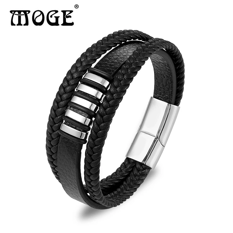 MOGE модные Многослойные плетеные кожаные браслеты для мужчин нержавеющая сталь