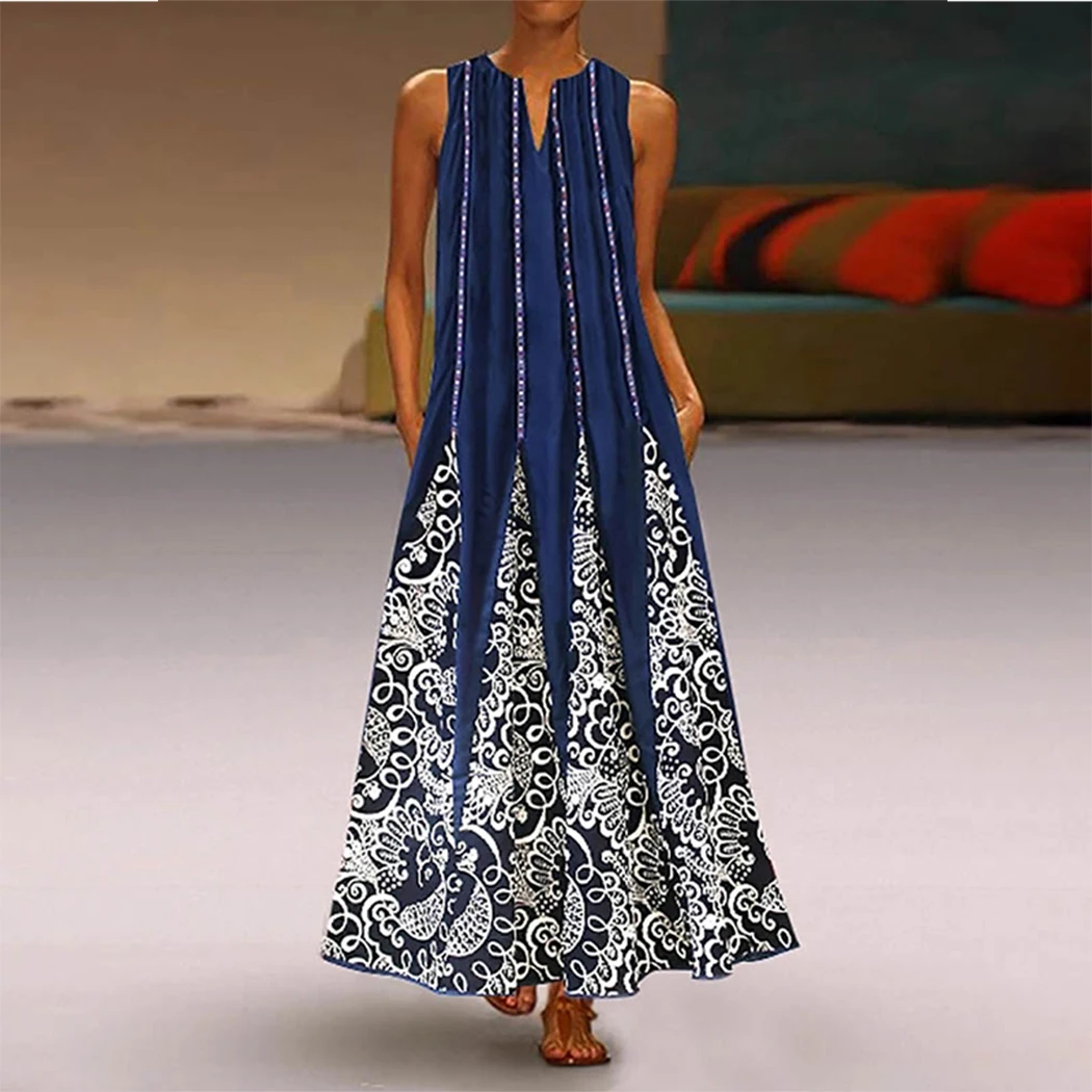 Женское платье макси винтажное без рукавов с треугольным вырезом и цветочным
