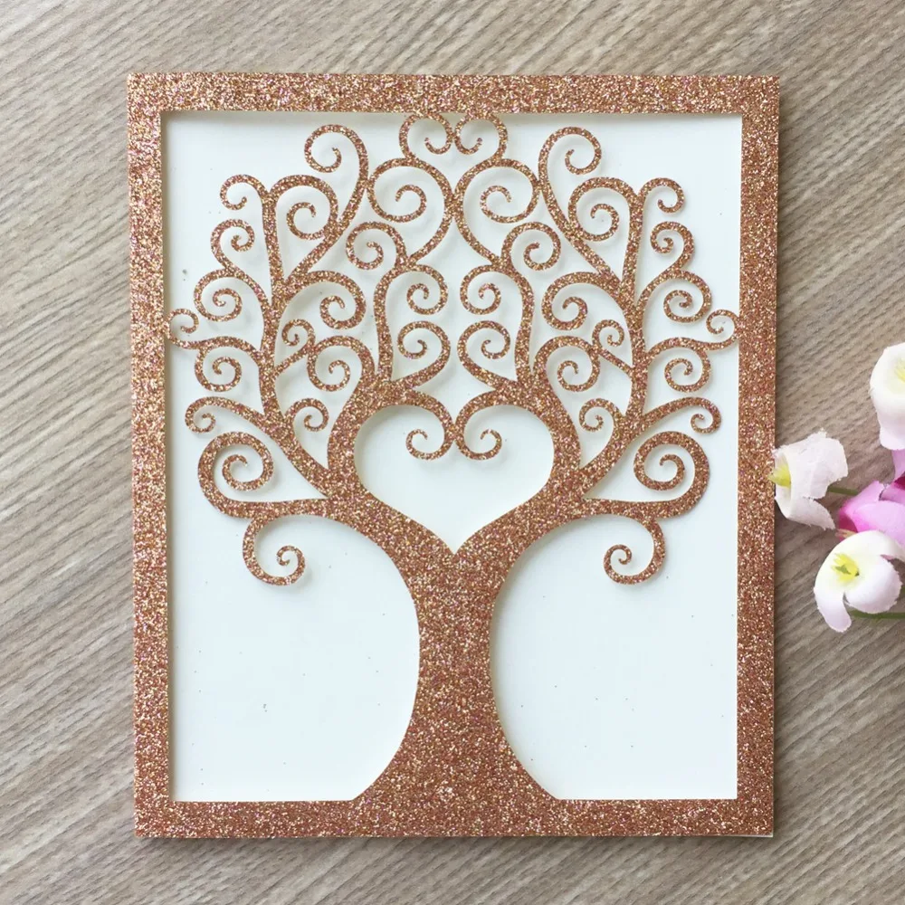 

50pcs elegant laser cut rose gold glitter Silver paper wedding invitation card hot selll Love Tree wedding card for wedding